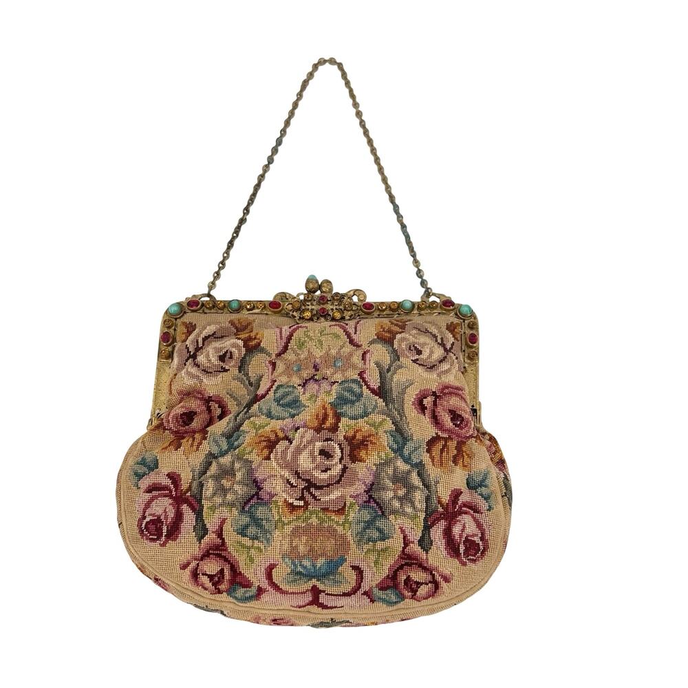 vintage petit point purse intricate floral tapestry and brass frame clutch - Picture 3 of 12